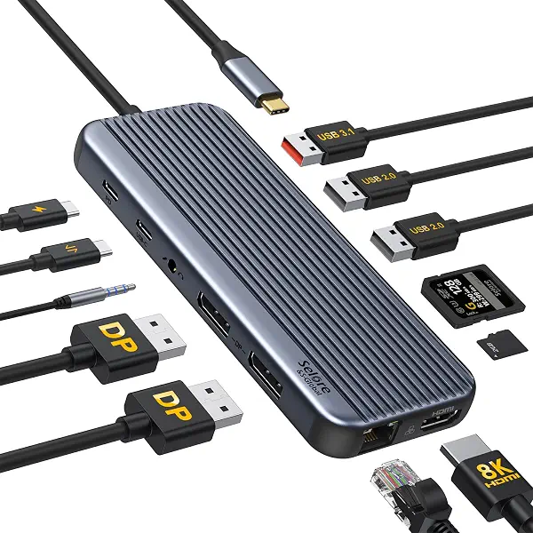 سعر ومواصفات قاعدة توصيل USB نوع C لشاشتين 4K، للكمبيوتر المحمول 12 في 1 مع شاشتين ديسبلاي بورت HDMI، منافذ USB A/C 3.1 10Gbps، USB 2.0، ايثرنت، صوت ومايكروفون، فتحات بطاقة SD وTF، ودعم الشحن بتقنية توصيل الطاقة (B0BGX74YCM) على Amazon EG