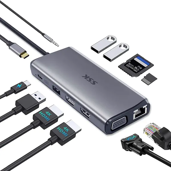 سعر ومواصفات قاعدة توصيل USB C وثاندربولت 11 في 1 متعددة منافذ تدعم شاشتين دقة 4K/60Hz عبر HDMI وشاشة ثالثة عبر VGA بمنفذ RJ45 إيثرنت وشحن سريع 100 وات و3 منافذ USB للاب توب ماك بوك وديل وHP ولينوفو من اس اس كيه (B0BP753CYN) على Amazon EG