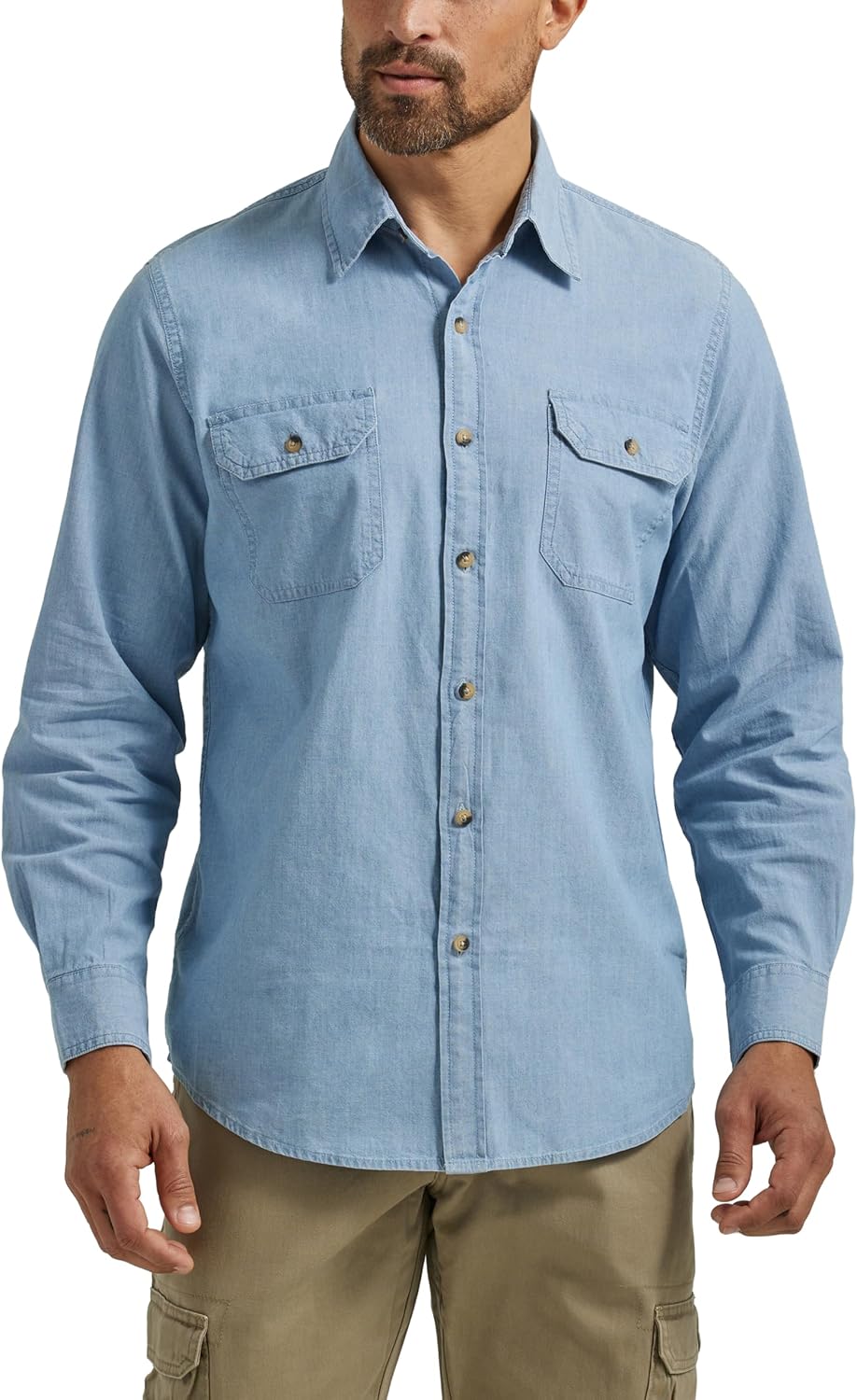 سعر ومواصفات قميص Wrangler Authentics رجالي بأزرار سفلية ، قماش شامبراي فاتح، مقاس 3XL (B073JRH7HR) على Amazon EG