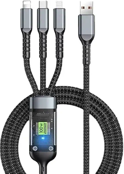 سعر ومواصفات كابل USB متعدد 3 في 1، كابل مضفر لشحن سريع 6 أمبير/100 وات - شريحة ذكية - إصدار أكثر سمكا، متوافق مع لايتنينج/ مايكرو/ نوع سي (B0FBJZVJZY) على Amazon EG