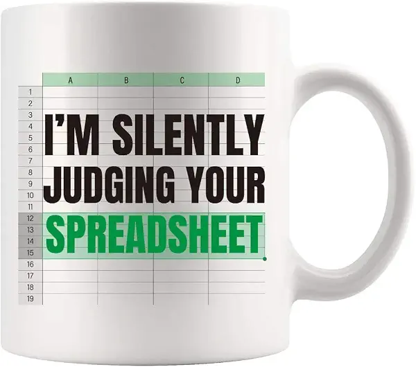 سعر ومواصفات كوب سيراميك سعة 313 مل مطبوع عليه عبارة "I'm Silently Judging Your Spreadsheet"، مج للقهوة لمحللي البيانات والمحاسب والزوج والزوجة والأب والأم وزميل العمل والرئيس من بانفولا - أبيض (B0CS6R7N8K) على Amazon EG