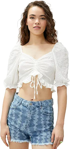 سعر ومواصفات كوتون Crop Blouse Balloon Sleeve Ruched Ruffle (B0BYXV3M2N) على Amazon EG