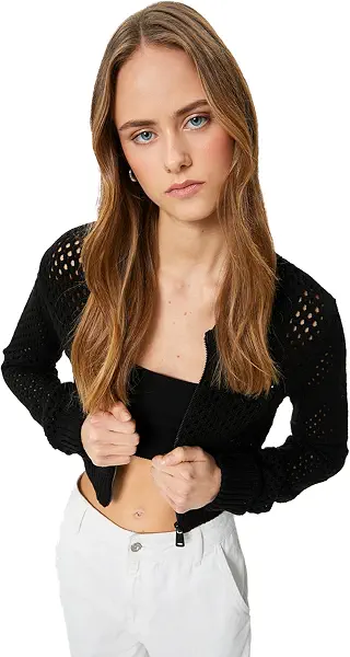 سعر ومواصفات كوتون KOTON womens Crop Knit Ajoure Zippered Blend Cardigans (B0CV6Q8GLR) على Amazon EG