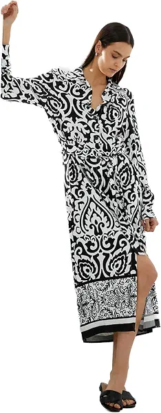 سعر ومواصفات كوتون KOTON womens Long Sleeve Buttoned Belted Ethnic Patterned Midi Dress (pack of 1) (B0CWVW183D) على Amazon EG