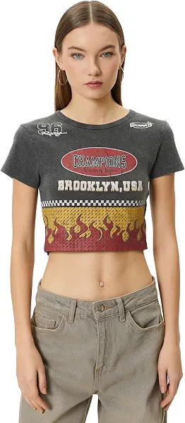 سعر ومواصفات كوتون KOTON womens Washed Effect Crop Printed Short Sleeve Crew Neck Tshirt (B0CRCKQZDL) على Amazon EG