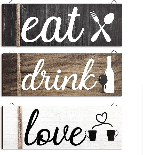 سعر ومواصفات لافتة من الخشب للمنزل من جيتيك بتصميم ريفي لديكور حائط المطبخ بطبعة عبارات Eat Drink Love مع فتحة للتعليق لديكور المنزل والمطبخ وغرفة المعيشة وقسم المشروبات والمقهى، من 3 قطع بلون كلاسيكي (B08YRL3ZLP) على Amazon EG