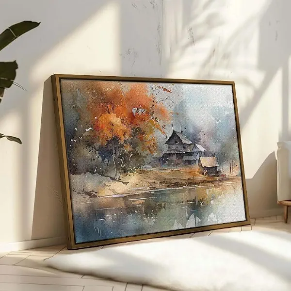 سعر ومواصفات لوحة فنية جدارية بإطار بتصميم بحيرة مع قرية بنمط ألوان مائية، مقاس 60×40 سم (B0DQP996V7) على Amazon EG
