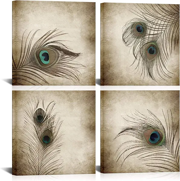 سعر ومواصفات لوحة فنية جدارية من القماش بتصميم عتيق من كلفوس، 4 ألواح بنمط ريش طاووس مع إطار خشبي بطباعة جيكلي مغلفة للمعرض، لوحة فنية بشكل حيوانات للحمام وغرفة معيشة، فن منزلي حديث، جاهزة للتعليق 30×30 سم ×4 قطع (B08QMF599D) على Amazon EG