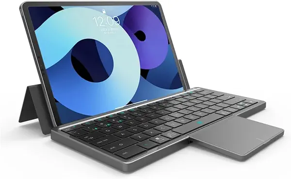 سعر ومواصفات لوحة مفاتيح بلوتوث KF8700 قابلة للطي مع لوحة لمس لاسلكية ومتعددة الأجهزة وقابل لإعادة الشحن بمنفذ USB نوع سي وجراب واقي مغناطيسي متوافقة مع ويندوز وماك OS وايباد OS واندرويد (B0H6VL989W) على Amazon EG
