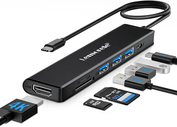 سعر ومواصفات ليمورل محول موزع USB C 7 في 1 مع HDMI 4K@30Hz، شحن PD 100 واط، 1 منفذ بيانات USB3.0 5Gbps، 2 USB 2.0، SD/TF، دونجل USB C متعدد المنافذ لماك بوك/كروم بوك/ديل/اتش بي/لينوفو (B0CRR56LRP) على Amazon EG