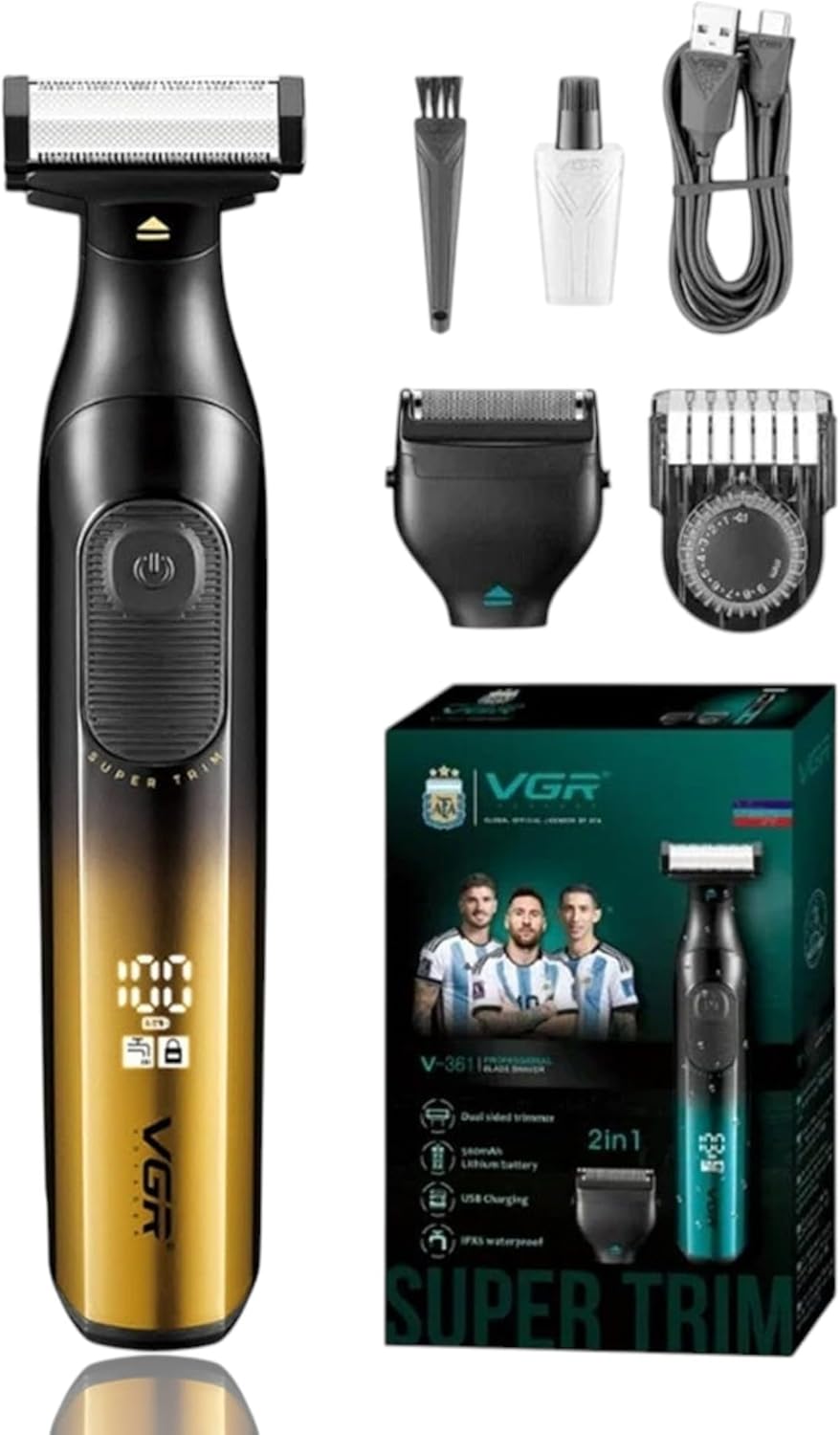 سعر ومواصفات ماكينة تشذيب وحلاقة شعر الجسم بالكامل سوبر تريم 2 في 1 شحن USB مقاومة للماء بتصنيف IPX6 شاشة ليد بطارية ليثيوم بسعة 500 ميلي امبير في الساعة V-361 من في جي ار، ذهبي (B0H1S1Q93H) على Amazon EG