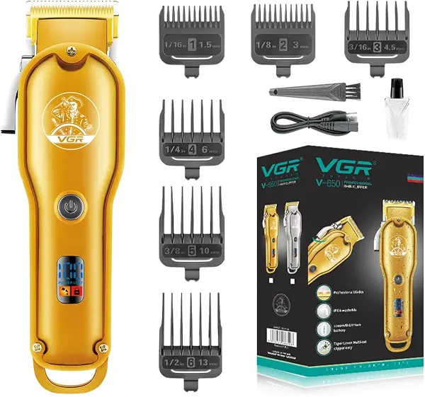 سعر ومواصفات ماكينة حلاقة احترافية بدون اسلاك موديل V-650 من في جي ار، شاشة ال اي دي، وشفرات ستانلس ستيل، كابل شحن USB و4 امشاط ومقبض مدبب قابل للتعديل، مدة التشغيل: 200 دقيقة، بطارية ليثيوم ايون 2000mAh، جولد (B0B2L55CGP) على Amazon EG