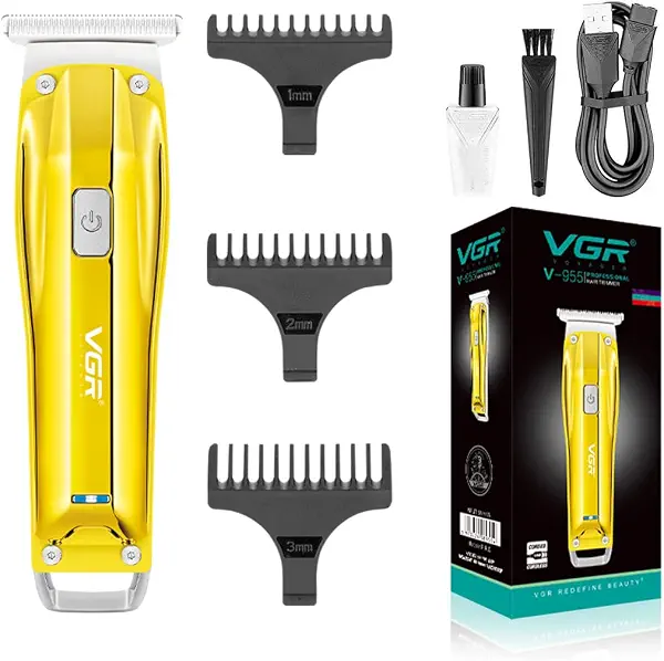 سعر ومواصفات ماكينة حلاقة احترافية بدون اسلاك موديل V-955 من في جي ار، وشفرات الستانلس ستيل، وكيبل شحن USB، مع 3 امشاط للرجال. وقت التشغيل: 100 دقيقة، بطارية ليثيوم ايون 500 ميلي امبير الساعة، ذهبي (B0B5LNFTTX) على Amazon EG