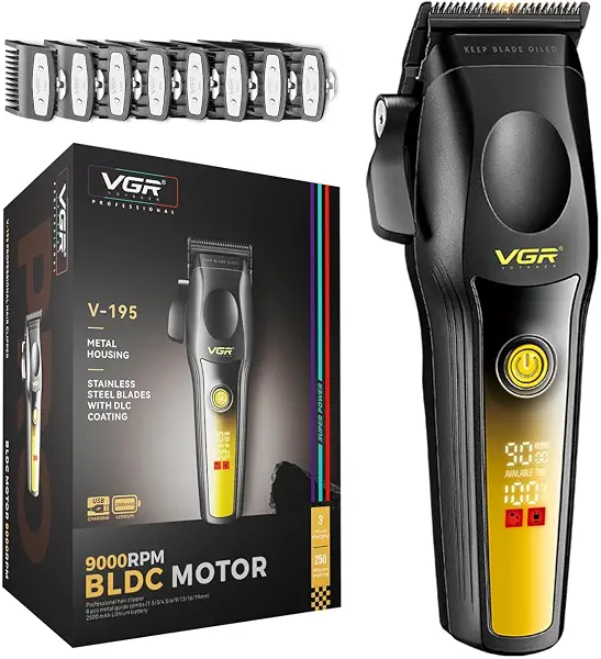 سعر ومواصفات ماكينة حلاقة احترافية للرجال V-195 بمحرك BLDC بسرعة 9000 دورة في الدقيقة وبطارية 2500 ميلي امبير في الساعة ومنفذ شحن سريع USB وشاشة ليد، ماكينة تشذيب شعر للصالونات والمنزل من في جي ار، أسود وذهبي (B0GYRKR4PJ) على Amazon EG