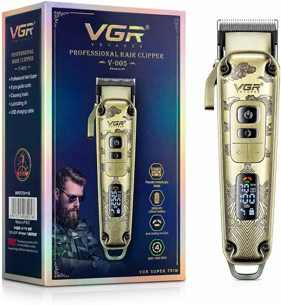 سعر ومواصفات ماكينة قص شعر بهيكل معدني وشاشة LED وشفرة مسحوق معدنية 5500-7000RPM مع 4 سرعات و وشحن USB و4 رافعة مدببة قابلة للتعديل و8 أمشاط توجيه ووقت تشغيل 250 دقيقة من في جي ار V-005 في-005 في-005 في-005 في-005 (B0CPM429DG) على Amazon EG