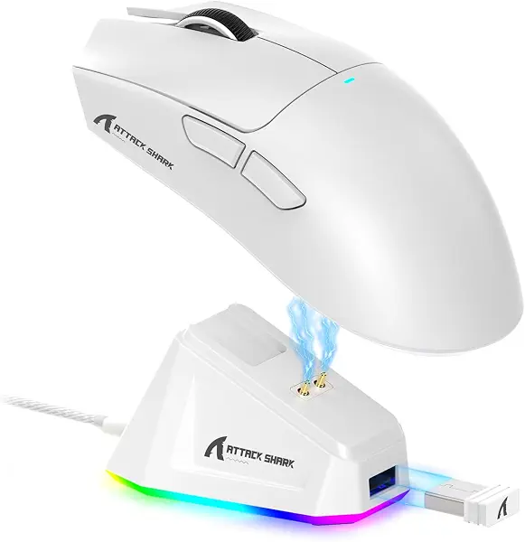 سعر ومواصفات ماوس PAW3311 ألعاب لاسلكي خفيف الوزن X11 مع قاعدة شحن بإضاءة 3 أوضاع لاسلكي 2.4G، سلكي USB-C، بلوتوث 22 ألف نقطة بالبوصة، بمستشعر بصري ومفتاح هويو و5 أزرار قابلة للبرمجة للكمبيوتر من اتاك شارك، أبيض (B0D3KQVQXK) على Amazon EG