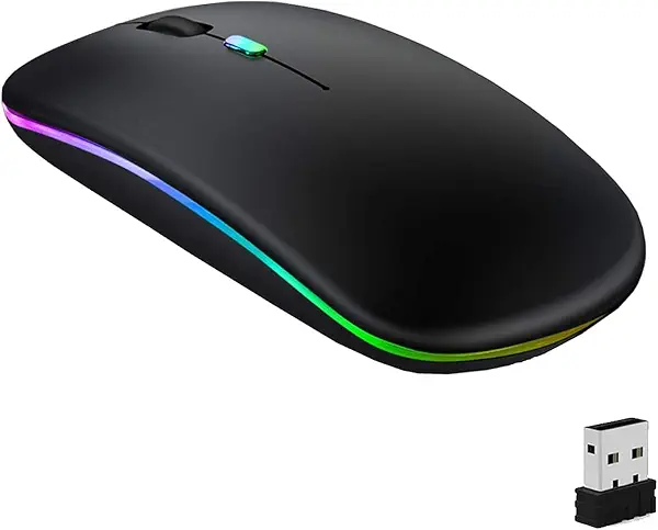 سعر ومواصفات ماوس بلوتوث لاسلكي من انيوي LED رفيع مزدوج الاوضاع 5.1 + USB) 2.4 جيجاهرتز قابل لاعادة الشحن صامت مع مستقبل (لون اسود) (B0BKKSC6S4) على Amazon EG