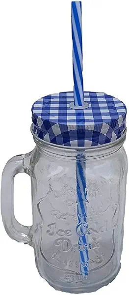 سعر ومواصفات مج بتصميم برطمان زجاج مع غطاء وشفاطة، لون أزرق (B091D99KMK) على Amazon EG