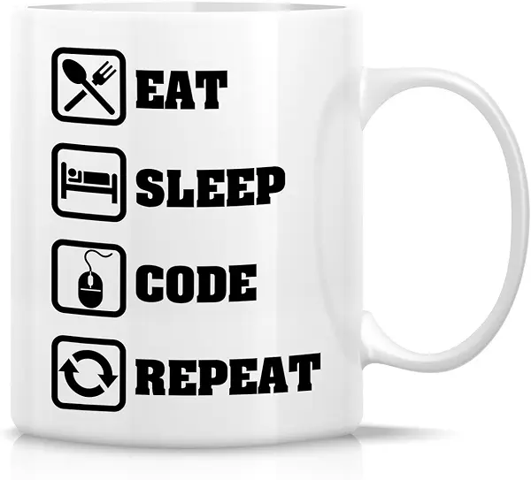 سعر ومواصفات مج بتصميم مضحك - سيراميك للقهوة مطبوع عليه Eat Sleep Code Repeat بسعة 325 مل من ريتريز - هدايا عيد ميلاد مضحكة وسخرية وملهمة للأصدقاء وزملاء العمل والأشقاء والأب والأم (B072LZKR7H) على Amazon EG