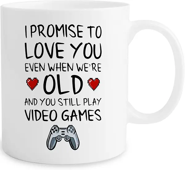 سعر ومواصفات مج للقهوة بتصميم مرح لمحبي الألعاب - مطبوع عليه "I Promise To Love You Even When We Old Still Play Video Games"، مبتكر للأزواج وعيد الحب والأحباء، مج سيراميك 325 مل (B09NKRZBYJ) على Amazon EG