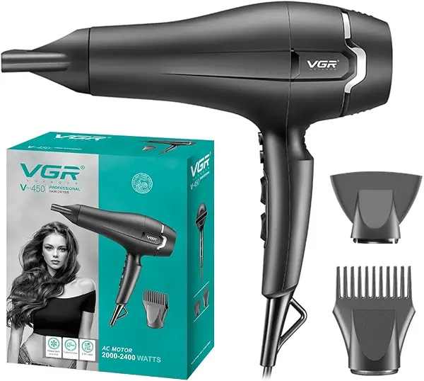 سعر ومواصفات مجفف شعر V-450 الاحترافي من سلسلة صالونات التجميل 2000-2400 وات بمحرك تيار متردد من في جي ار، 3 إعدادات حرارة مستقلة لتصفيف الشعر البارد وفوهة مكثف للحماية من الحرارة الزائدة مع وظيفة تربو وإعدادين (B0BMGGHB4C) على Amazon EG