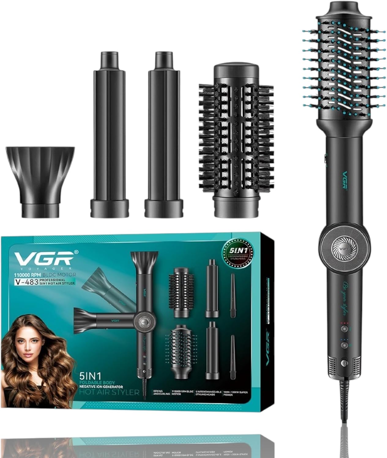 سعر ومواصفات مُجفف ومصفف الشعر بالهواء الساخن 5 في 1 من VGR - موديل V-483، بمحرك BLDC بسرعة 110,000 دورة في الدقيقة، وتقنية الأيونات السالبة، و5 ملحقات قابلة للتبديل، 1000-1300 واط (أسود) (B0GZCTBWZM) على Amazon EG