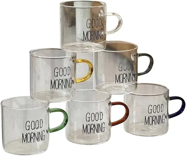 سعر ومواصفات مجموعة مجات قهوة زجاج مطبوعة بعبارة "Good Morning" مع مقابض ملونة من 6 قطع (B0F6C38K2Q) على Amazon EG