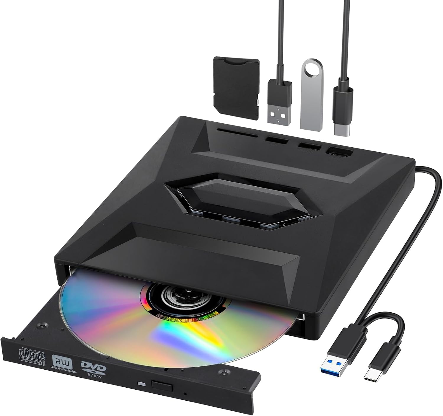 سعر ومواصفات محرك أقراص CD DVD خارجي 5 في 1 للاب توب، USB نوع سي 3.0 محمول مع فتحة SD ومنفذي USB، 8X DVD 24X CD سريع السرعة قارئ CD/DVD للاب توب والكمبيوتر ونظام التشغيل ماك ولينكس وويندوز (B0CQXDX9CW) على Amazon EG