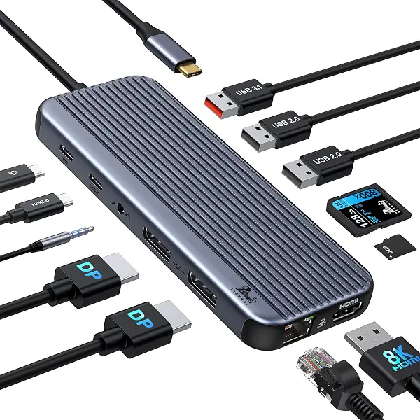 سعر ومواصفات محول قاعدة شحن USB C إلى منفذ عرض مزدوج 4K، 12 في 1 من ليونوي، منفذ USBC 10 جيجابايت في الثانية مع 2 DP وHDMI وUSB 3.1 ومنفذ ايثرنت وصوت وفتحة SD/TF 4.0 للاب توب ثاندربولت (B0BK8QNY2W) على Amazon EG