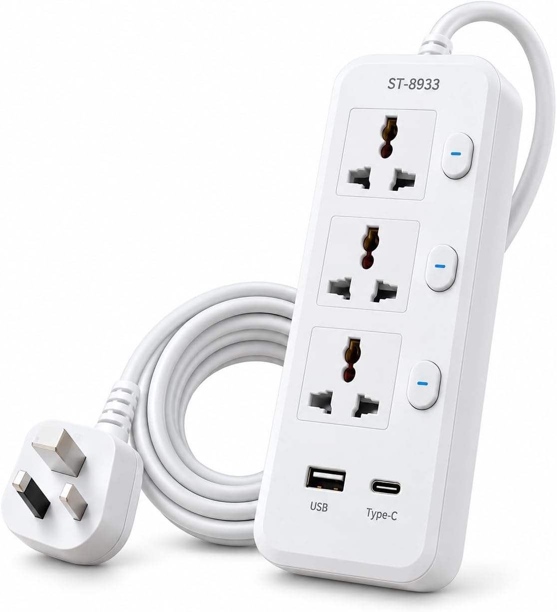 سعر ومواصفات مشترك كهرباء بوصلة تمديد مع منفذ USB ومنفذ USB نوع C، مشترك كهرباء مع 3 فيش طاقة وخاصية الحماية من الحمل الزائد وقفل آمان للأطفال، موديل ST-8933 (B0DRN3QCFQ) على Amazon EG