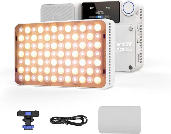 سعر ومواصفات مصباح LED ثنائي اللون 25x من اماران ايس، مصباح فيديو على الكاميرا 32 واط، 2700-6500 كلفن، 6320 لوكس عند 0.5 متر، شحن سريع USB-C، تركيب مغناطيسي، 9 تاثيرات ضوئية، تحكم لاسلكي بتطبيق اماران - ابيض (B0DD6ZTWB1) على Amazon EG