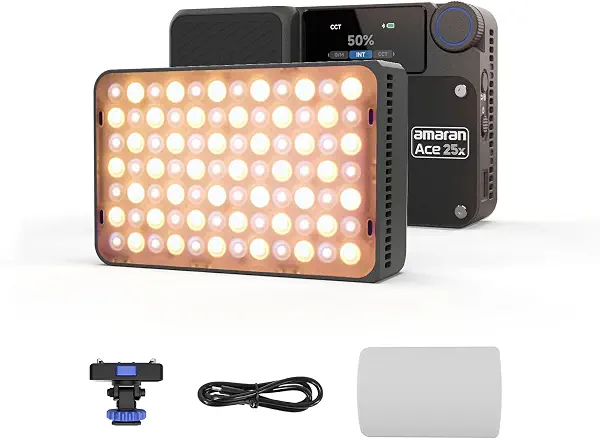 سعر ومواصفات مصباح LED ثنائي اللون 25x من اماران ايس، مصباح فيديو على الكاميرا 32 واط، 2700-6500 كلفن، 6320 لوكس عند 0.5 متر، شحن سريع USB-C، تركيب مغناطيسي، 9 تاثيرات ضوئية، تحكم لاسلكي بتطبيق اماران - فحمي (B0DD7215LM) على Amazon EG