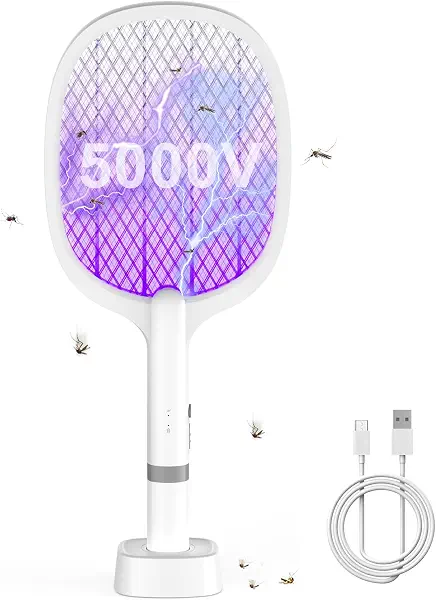 سعر ومواصفات مضرب ذباب كهربائي بجهد 5000 فولت بتصميم 2 في 1 قوي للغاية، مزود بمنفذ USB نوع C ببطارية قابلة لإعادة الشحن ومصيدة بالأشعة فوق البنفسجية للبعوض والذباب والدبابير من يوبست (B0CT8QSYT5) على Amazon EG