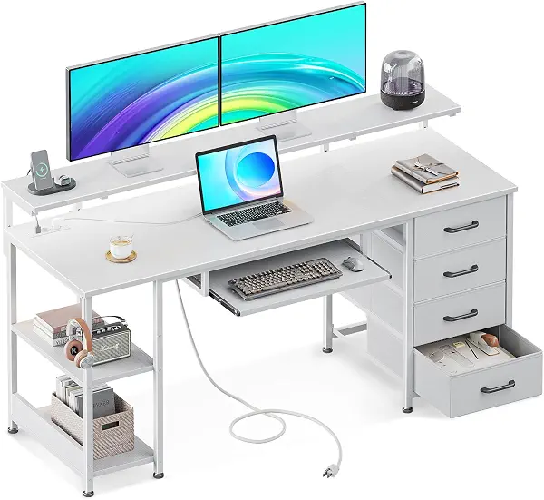 سعر ومواصفات مكتب مع 4 ادراج من او دي كيه، مكتب كمبيوتر مع مقبسين ومنفذي شحن USB، طاولة كمبيوتر مع رف، طاولة العاب مع رف كيبورد للمكتب وغرفة المعيشة (ابيض، 140 × 52 × 92 سم) (B0CNRG36CV) على Amazon EG