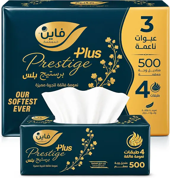 سعر ومواصفات مناديل للوجه برستيج بلس من فاين، 500 منديل × 4 طبقات، عبوة من 3 قطع (B0GF2Z8Z2M) على Amazon EG