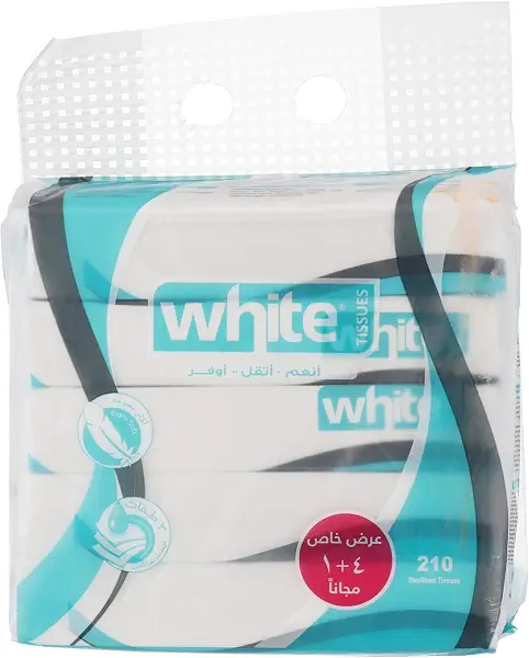 سعر ومواصفات مناديل وجه بيضاء، 210 منديل، 5 عبوات (B09KKCYT1N) على Amazon EG