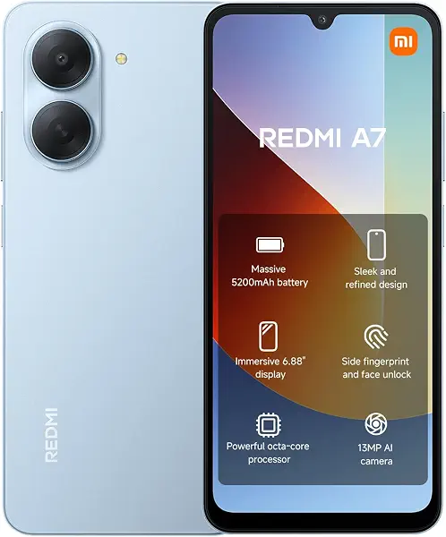 سعر ومواصفات موبايل ذكي شاومي ريدمي A7 4G، ذاكرة RAM 3GB + تخزين 64GB، شاشة 6.88 بوصة 120Hz، بطارية 5200mAh، كاميرا ذكاء اصطناعي 13MP، مستشعر بصمة جانبي، تقنية فتح الوجه بالذكاء الاصطناعي، أزرق سماوي (B0H8YQC3S9) على Amazon EG