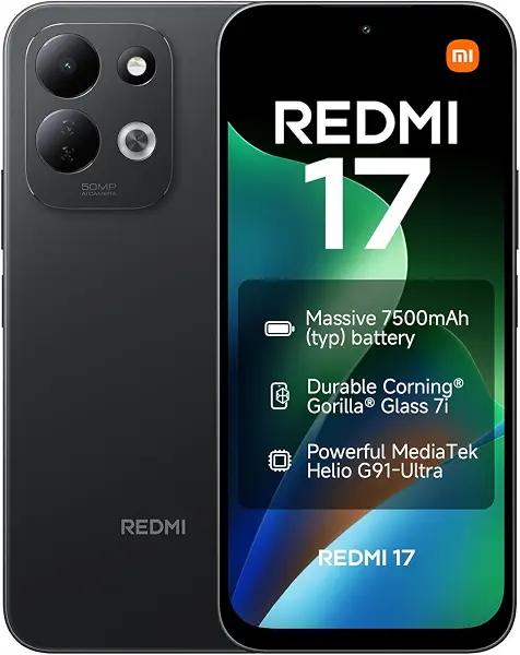 سعر ومواصفات موبايل ريدمي 17 ذكي شاشة 6.9 بوصة بمعدل تحديث 120Hz|رام 6GB|تخزين 256GB|بطارية 7500mAh، كاميرا 50MP بذكاء الصناعي، معالج هيليو G91-الترا، مستشعر بصمة جانبي، فتح قفل بالوجه عبر ذكاء صناعي من شاومي|أسود (B0HDZTNB6B) على Amazon EG