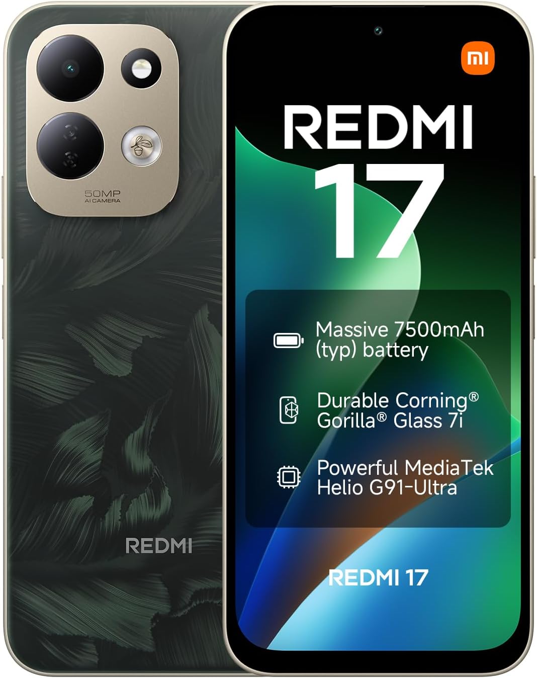 سعر ومواصفات موبايل ريدمي 17 رام 6GB وتخزين 256GB بشاشة 6.9 بوصة بتردد 120 هرتز، بطارية 7500 مللي أمبير، كاميرا AI 50 ميجابكسل ومعالج هيليو G91 الترا مع بصمة جانبية ونظام التعرف على الوجه من شاومي، أخضر بلوط (B0HDZV3K9Z) على Amazon EG