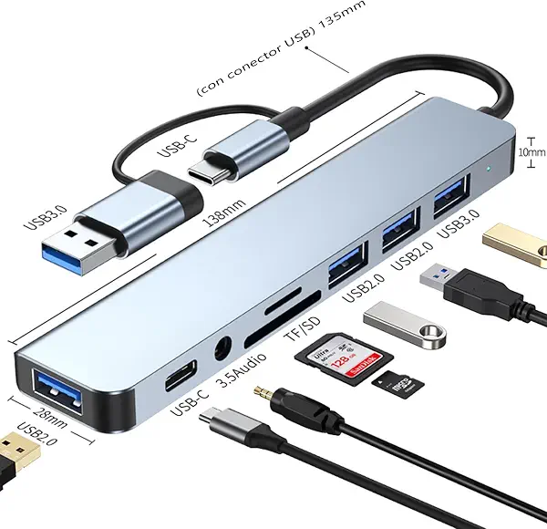سعر ومواصفات موزع USB C، محول USB C 8 في 1، USB 3.0، 3 منافذ USB 2.0، قارئ بطاقات SD/TF، صوت 3.5، لماك بوك، ماك بوك برو، ماك بوك اير، ديل، سيرفس والمزيد من الاجهزة من النوع سي (01HUB-8) (B0CZ8YK45R) على Amazon EG