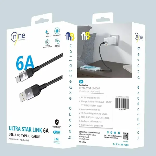 سعر ومواصفات ناين كابل شحن سريع 6 امبير USB-A الى USB-C من الترا ستارلينك، 1 متر، اسود (B0H27K7LBS) على Amazon EG