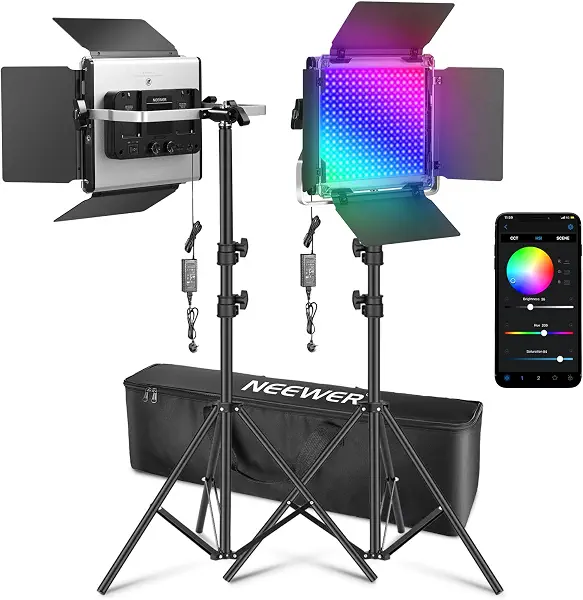 سعر ومواصفات نيوير مصباح فيديو LED RGB مطور 660 برو 2، تحكم في التطبيق وحامل ثلاثي القوائم، عبوة من قطعتين 50 واط/1% كحد ادنى للتعتيم/CRI97+/3200~5600 كلفن للالعاب وبث اليوتيوب واستوديو التسجيل (B0BKS8B1ZM) على Amazon EG