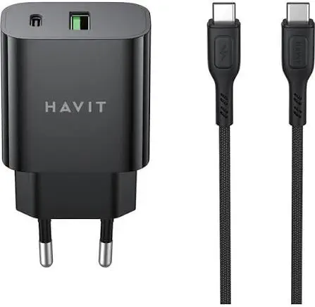 سعر ومواصفات هافيت شاحن حائط سريع ST926 EU 20 واط بمنفذ USB C USB A مزدوج المنافذ مع كابل من النوع C الى نوع C بطول 1 متر متوافق مع ايفون وايباد وسامسونج جالاكسي وجوجل بيكسل وشاومي وهواوي وماك بوك اير - اسود (B0HBQMVB2P) على Amazon EG