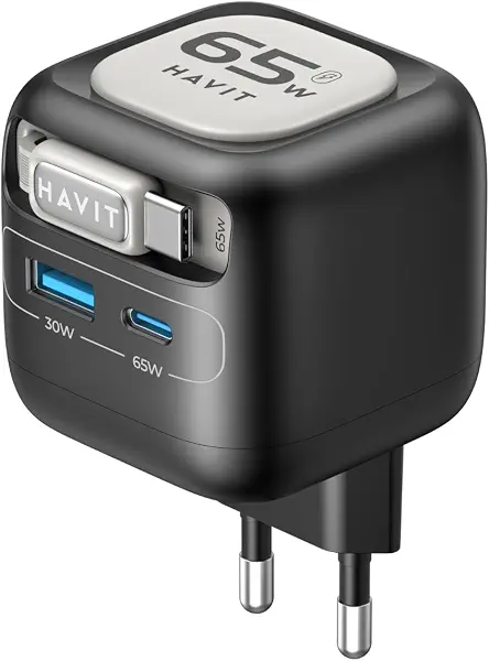 سعر ومواصفات هافيت شاحن سفر جان 65 واط UC253 - محول سريع PD وQC - كيبل USB-C مدمج قابل للسحب - محمول ومناسب للسفر - شحن امن وموثوق - متوافق مع ايفون واندرويد وماك بوك والمزيد (B0GW964V9K) على Amazon EG