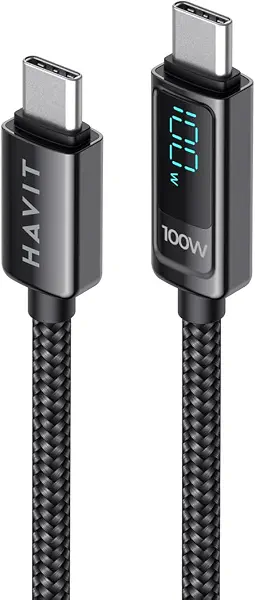 سعر ومواصفات هافيت كيبل CB6247 نوع سي الى نوع سي 100 واط بي دي للشحن السريع، كيبل USB-C بطول 2 متر مع شاشة عرض رقمية LED، 20 فولت/5 امبير، كيبل من خليط الزنك المضفر بالنايلون لاجهزة USB-C (B0DDTN7DBS) على Amazon EG