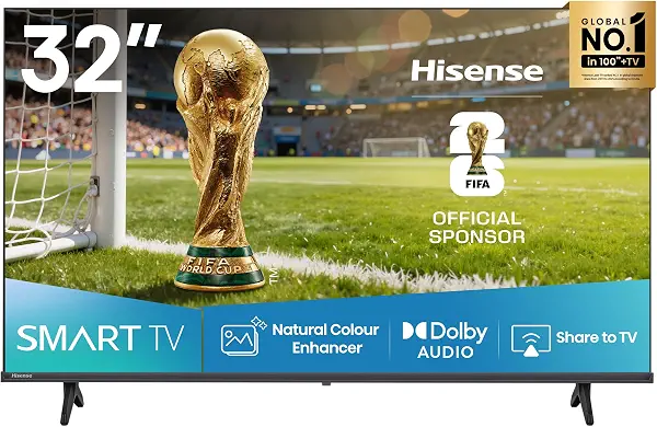 سعر ومواصفات هايسينس تلفزيون LED ذكي 32 بوصة HD فيدا، تصميم بدون حواف، دي تي اس فيرتشوال اكس، واي فاي مدمج، اسود - 32A4Q (B0GY55RRBC) على Amazon EG