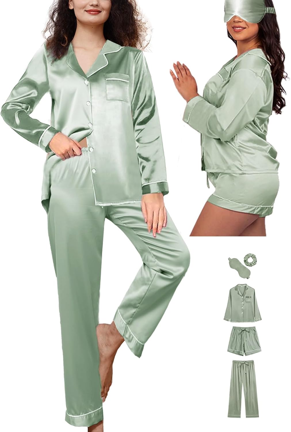 سعر ومواصفات وينغ يي جيا طقم بيجامة للنساء من الساتان الحريري مكون من 5 قطع مقاس XS-XXL طقم بيجامات طويلة بازرار سفلية ملابس نوم نوم (B0C8N95QVF) على Amazon EG