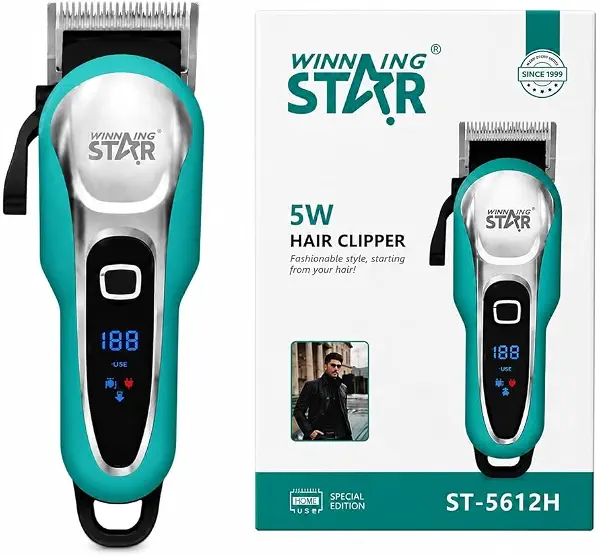 سعر ومواصفات ويننج ستار ماكينة حلاقة الشعر ST-5612H قابلة لاعادة الشحن مع شاشة رقمية ومحرك 7300 دورة في الدقيقة وبطارية 2200 مللي امبير في الساعة - A1-630 (B0H466DF6Z) على Amazon EG