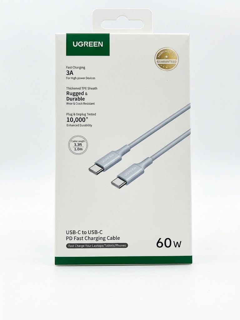 سعر ومواصفات يوجرين كابل شحن سريع USB-C الى USB-C PD 60 واط بحد اقصى 1 متر ازرق (B0H2W9R6N4) على Amazon EG