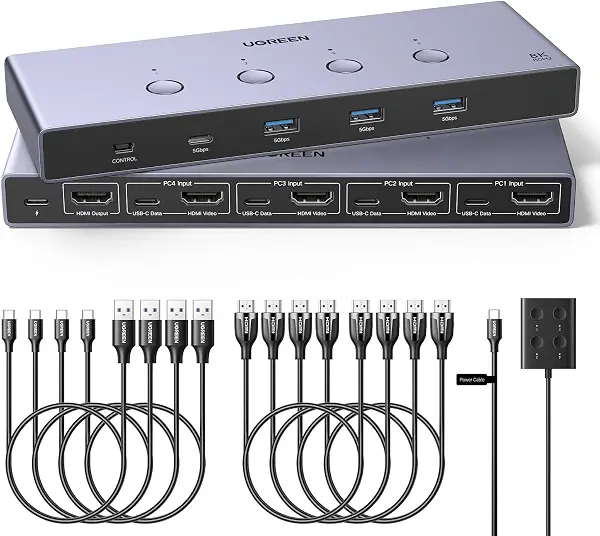 سعر ومواصفات محول KVM لمنفذ HDMI لـ 4 أجهزة كمبيوتر وشاشة 8K عند 60Hz لمشاركة لوحة المفاتيح والماوس ووحدات التخزين وشاشة واحدة بين 4 أجهزة كمبيوتر وبـ 4 منافذ USB وملحق معه 4 كابلات USB و4 كابلات HDMI من يوجرين (B0DMF7PTYJ) على Amazon EG